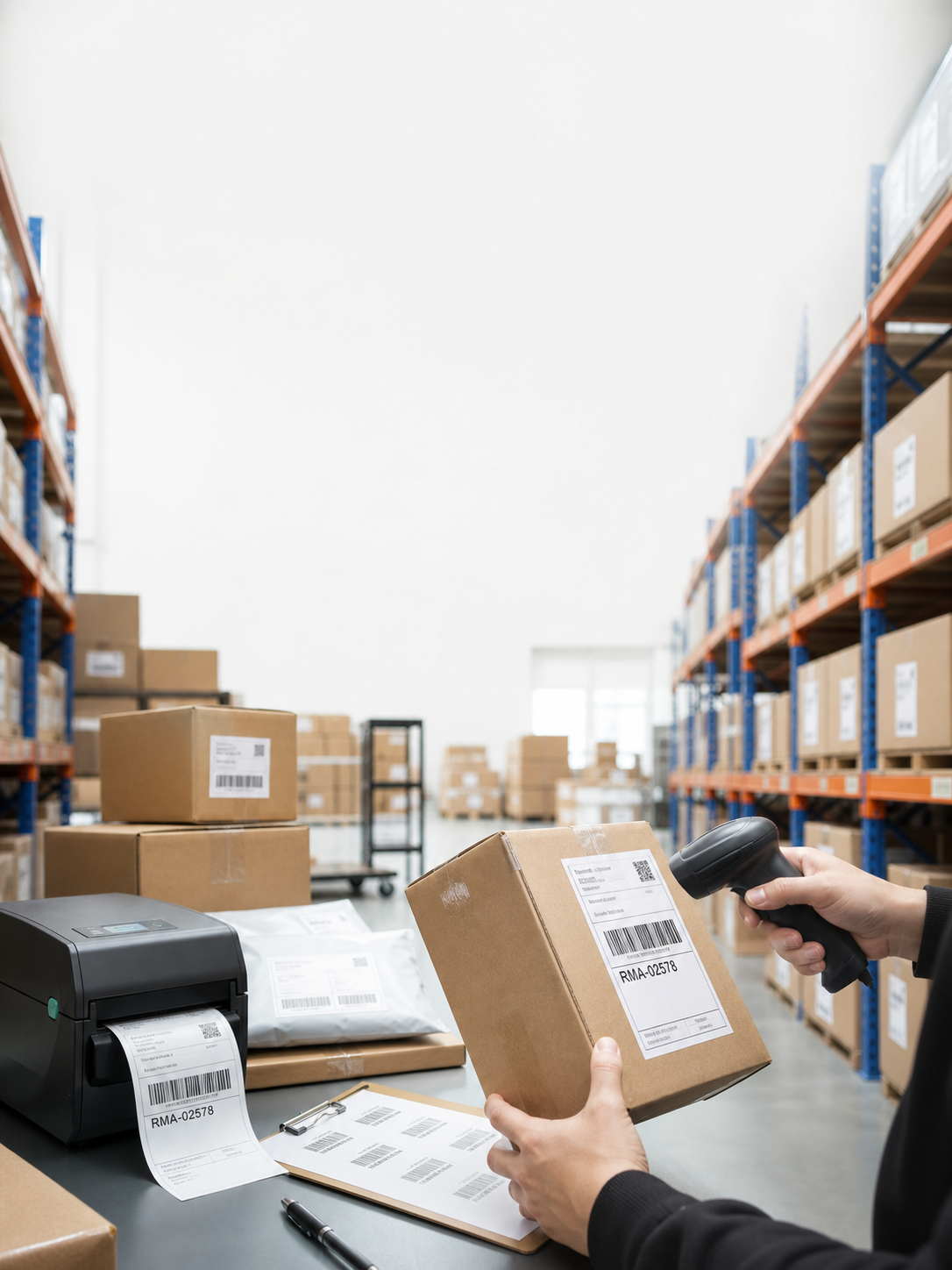 Modern warehouse with pallet racks and packing stations